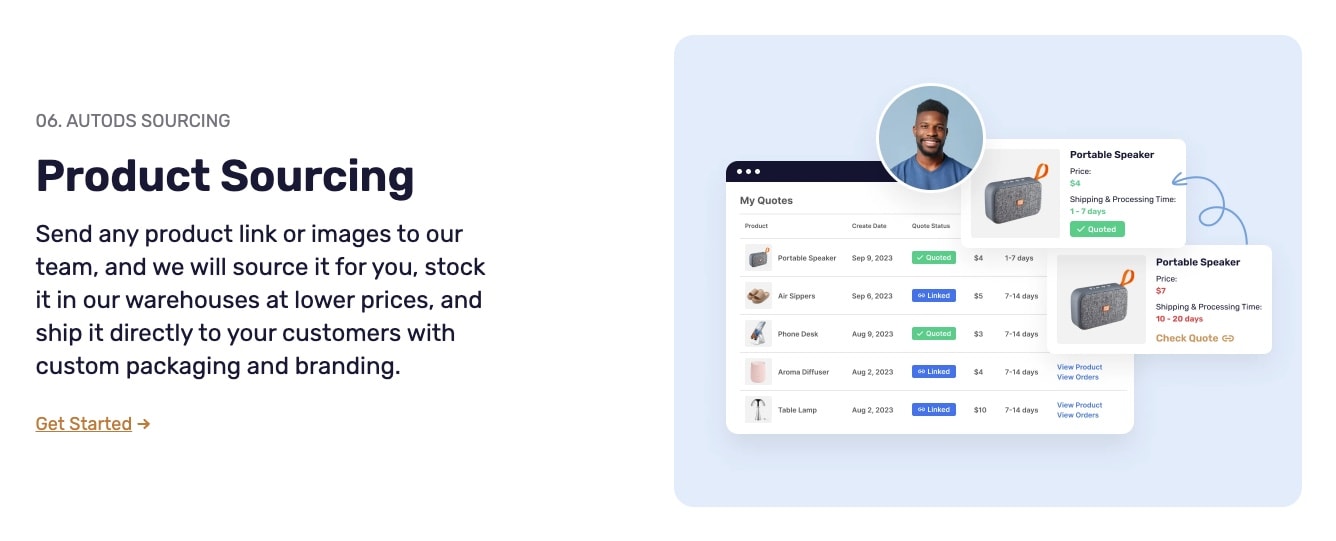 AutoDS product sourcing dashboard showing quote requests with pricing and processing times for custom product sourcing