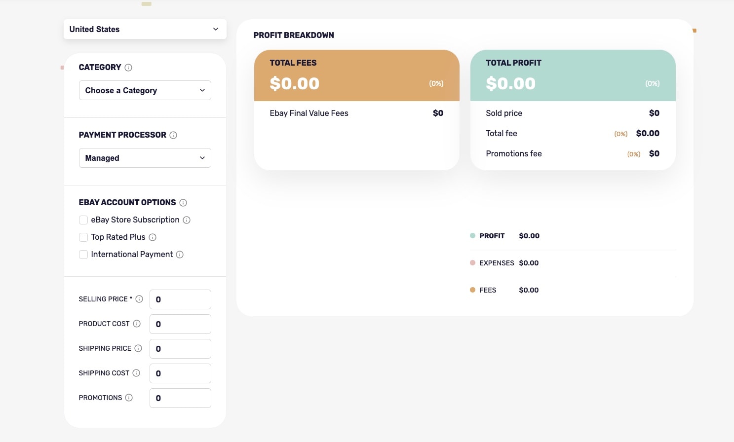 AutoDS eBay profit calculator detailed interface showing fee breakdown, payment processor options, and comprehensive profit analysis with $0.00 starting values