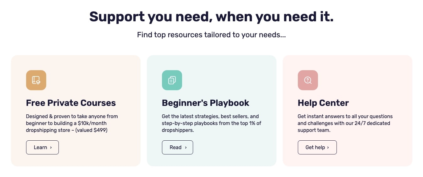 AutoDS support resources showing Free Private Courses, Beginner Playbook, and Help Center with Learn, Read, and Get help CTAs