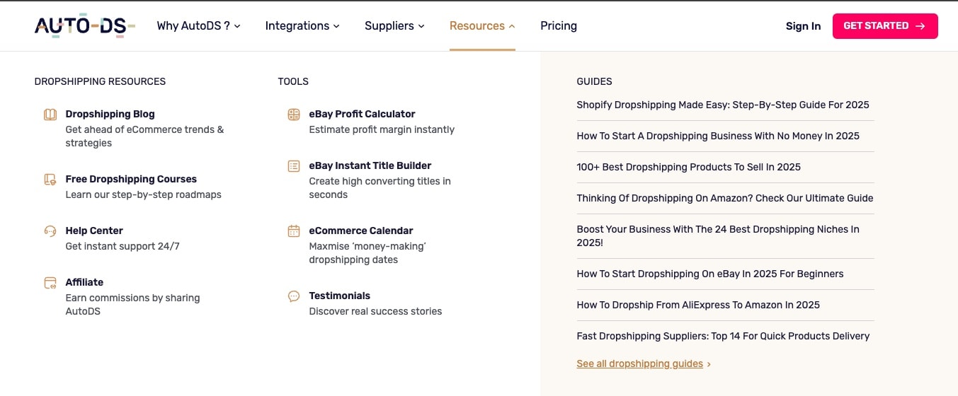 AutoDS resources dropdown showing Dropshipping Blog, Free Courses, Help Center, Tools like eBay Calculator, and comprehensive guides library