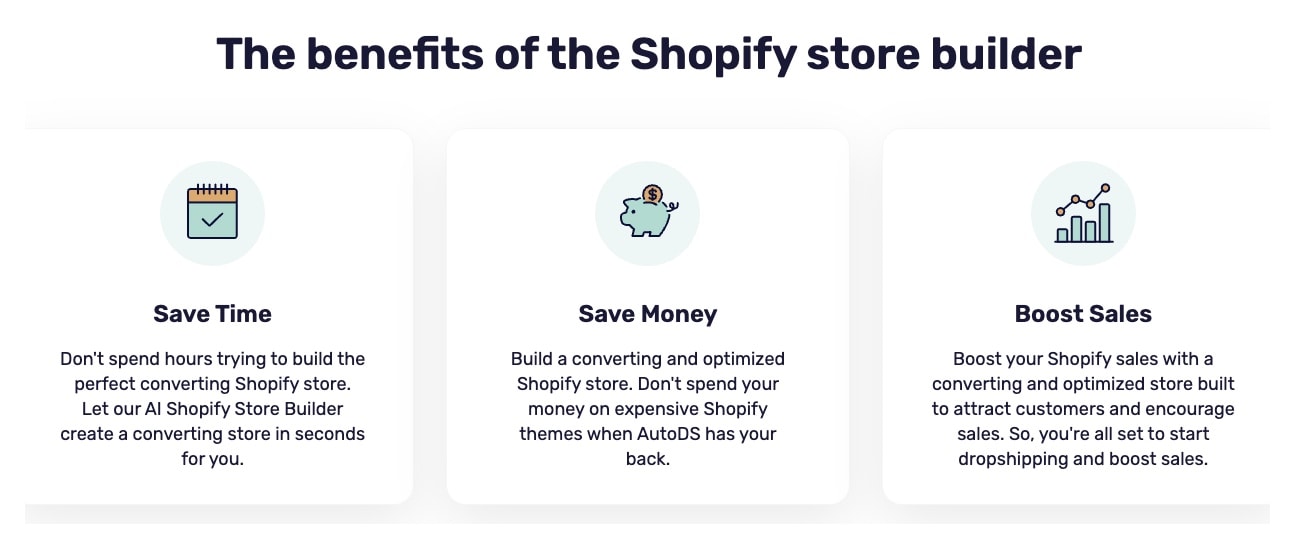 AutoDS Shopify store builder benefits highlighting Save Time, Save Money, and Boost Sales with conversion-focused messaging