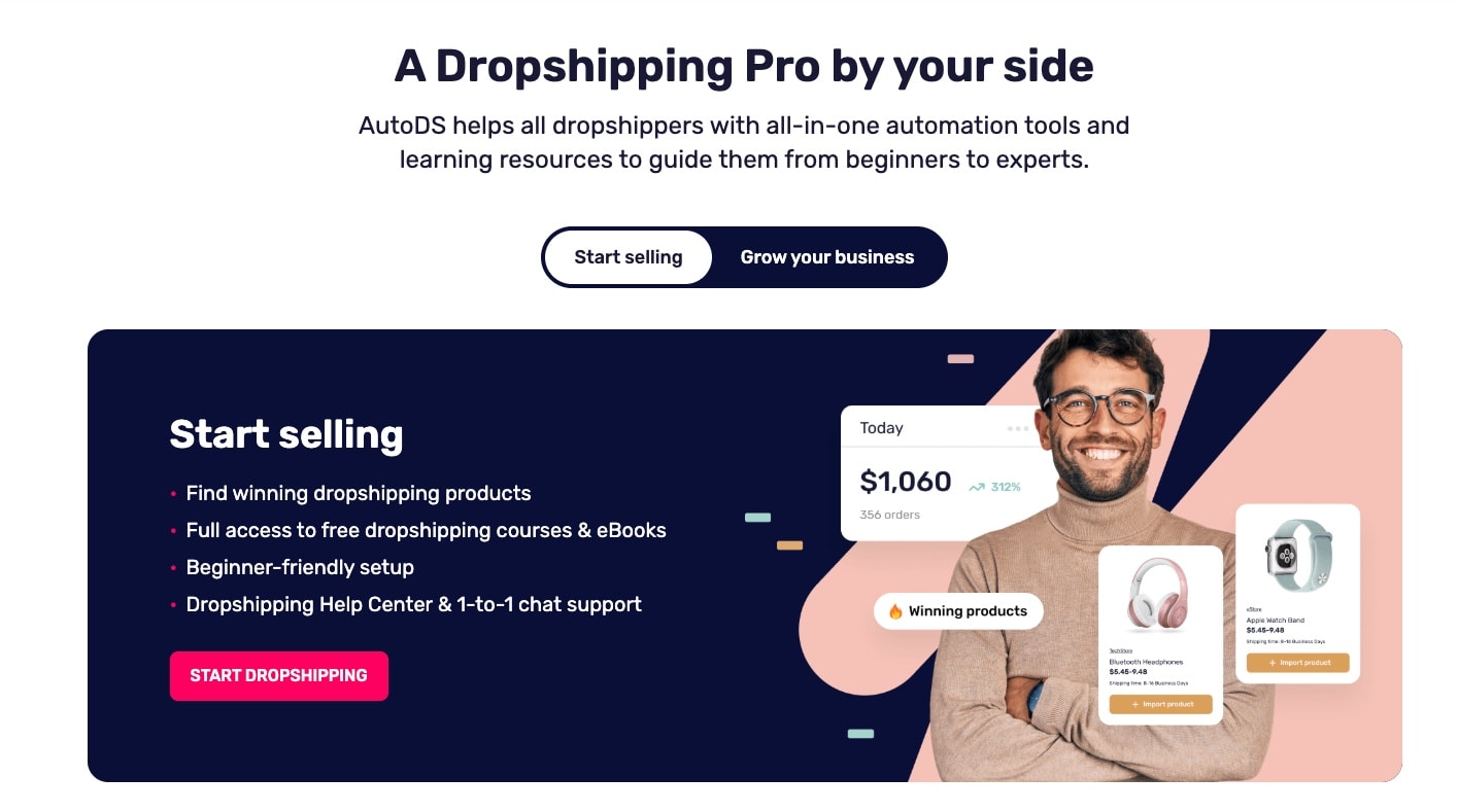 AutoDS start selling section showing benefits for beginners with winning products, courses, setup help and $1060 revenue dashboard mockup