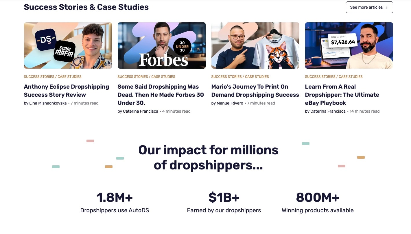 AutoDS success stories showcase featuring Anthony Eclipse, Forbes 30 Under 30, Mario POD success, and eBay playbook with specific achievements