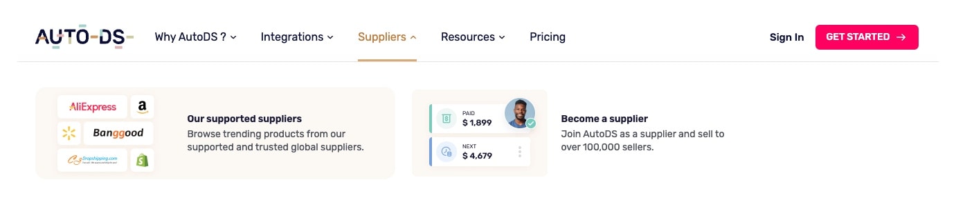 AutoDS suppliers page featuring global suppliers like AliExpress, Banggood with browse products section and become a supplier call-to-action
