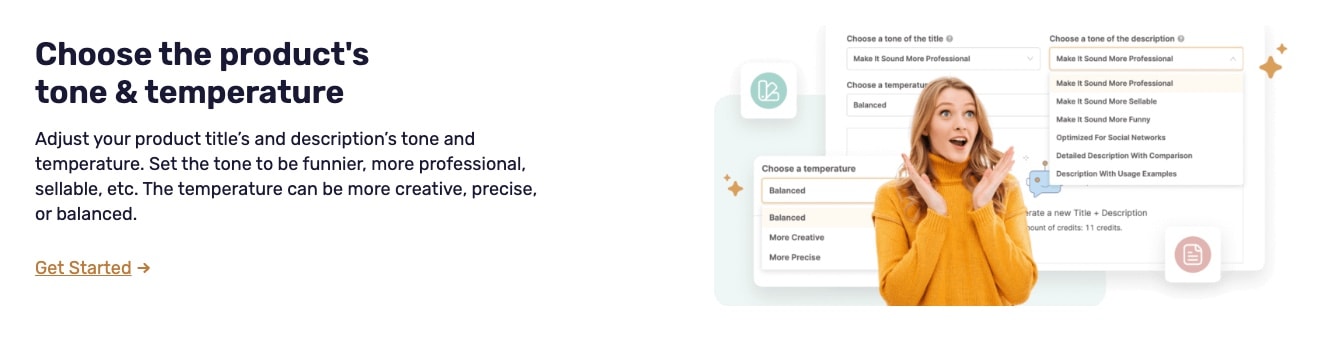 AutoDS AI tone and temperature controls showing customization options for product descriptions with professional, funny, creative, and balanced settings