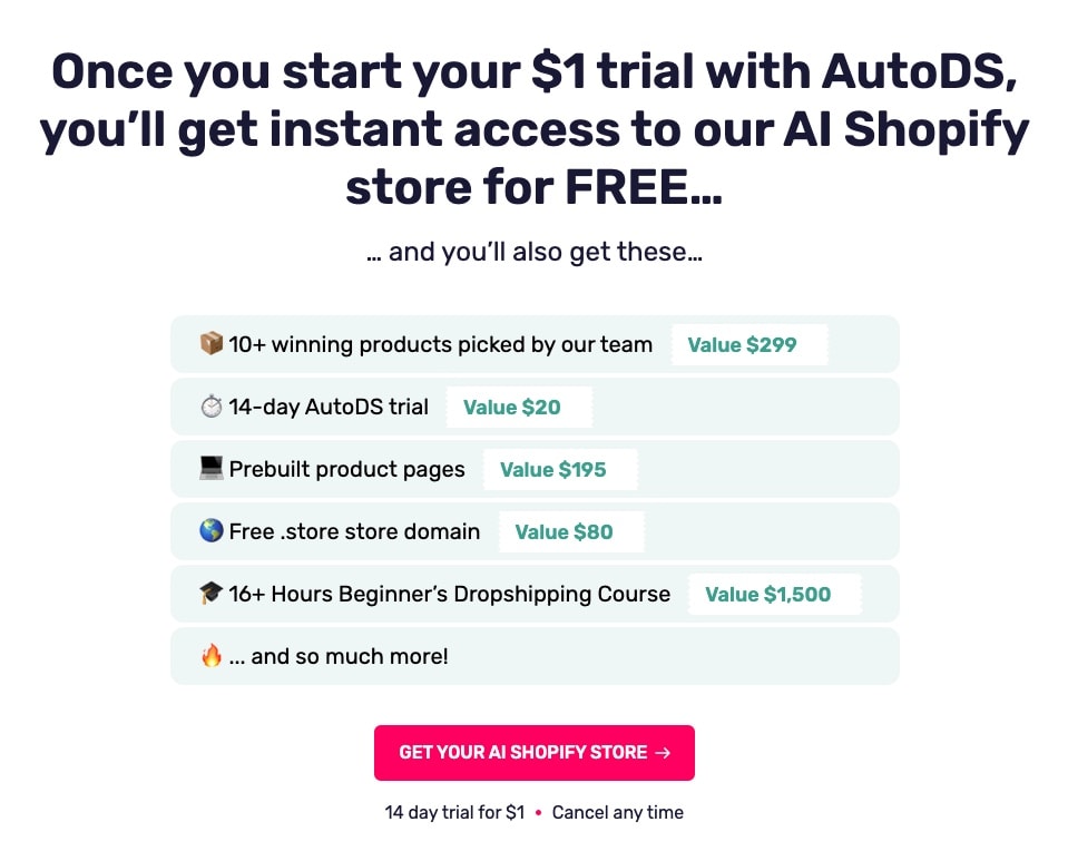 AutoDS $1 trial value stack showing $2,095 total value including winning products, trial access, product pages, domain, and dropshipping course