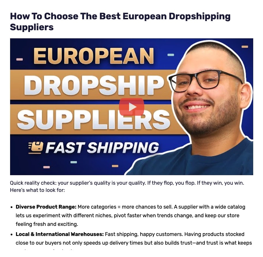 AutoDS video content with professional presenter, custom thumbnail showing FAST SHIPPING overlay, and clear play button