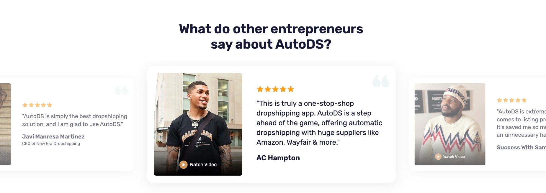 AutoDS video testimonials featuring AC Hampton, Success With Sam and other entrepreneurs with play buttons and star ratings