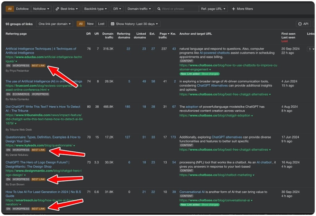 Ahrefs backlink report showing several Best Link badges for Chatbase backlinks