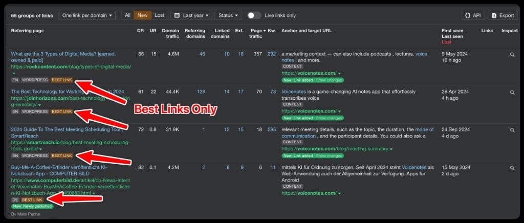 Ahrefs backlink report showing Best Link badges for Voicenotes backlinks