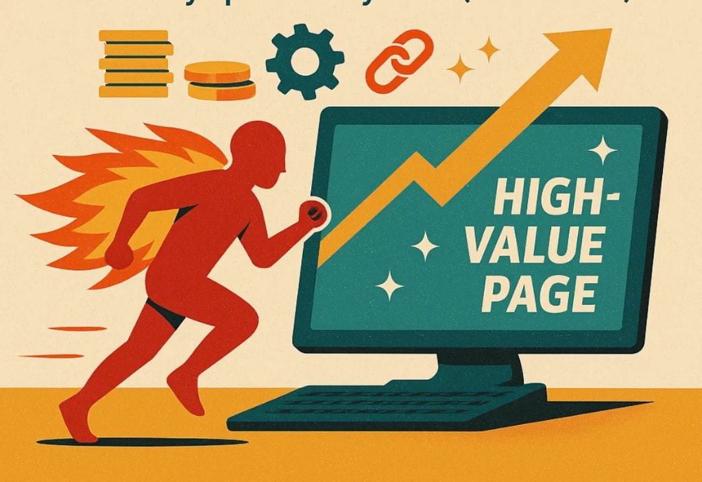 Vintage-style illustration: a runner sprinting toward a monitor showing an upward arrow and the words High-Value Page.