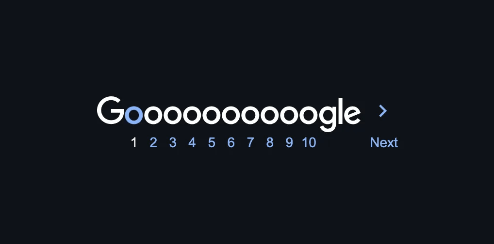 Stylized Google pagination with "Goooooooooooogle" and page numbers; page 2 is highlighted.