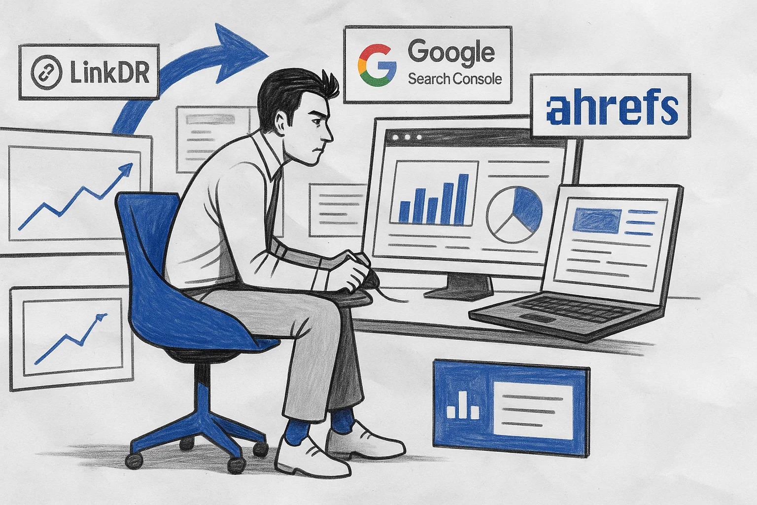 Illustration of a focused marketer at a desk surrounded by analytics dashboards and SEO tools like LinkDR, Google Search Console, and Ahrefs, symbolizing relentless daily optimization and monitoring during a Blitz SEO campaign.
