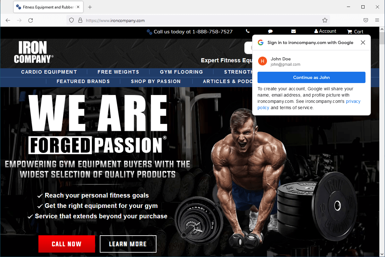 Screenshot of Iron Company web page using Google Identity Service One Tap, showing a Google sign-in prompt overlaying the e-commerce interface.