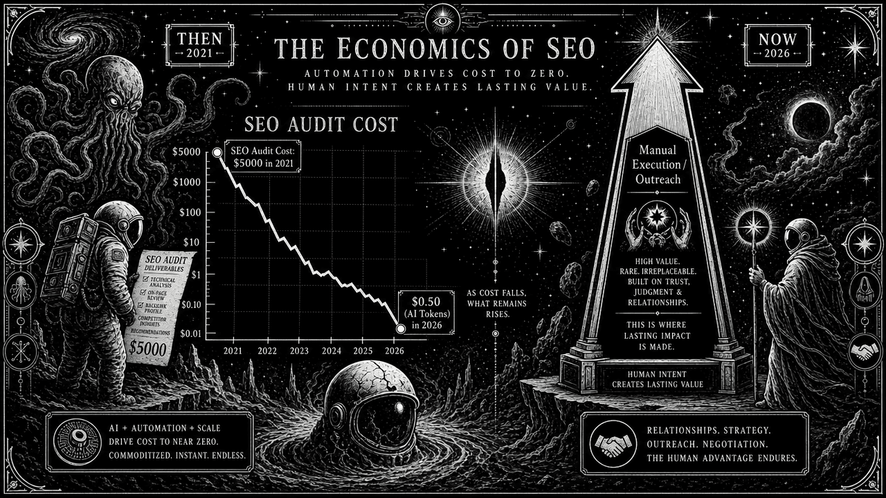Line graph showing the price of an SEO audit dropping from thousands to fifty cents