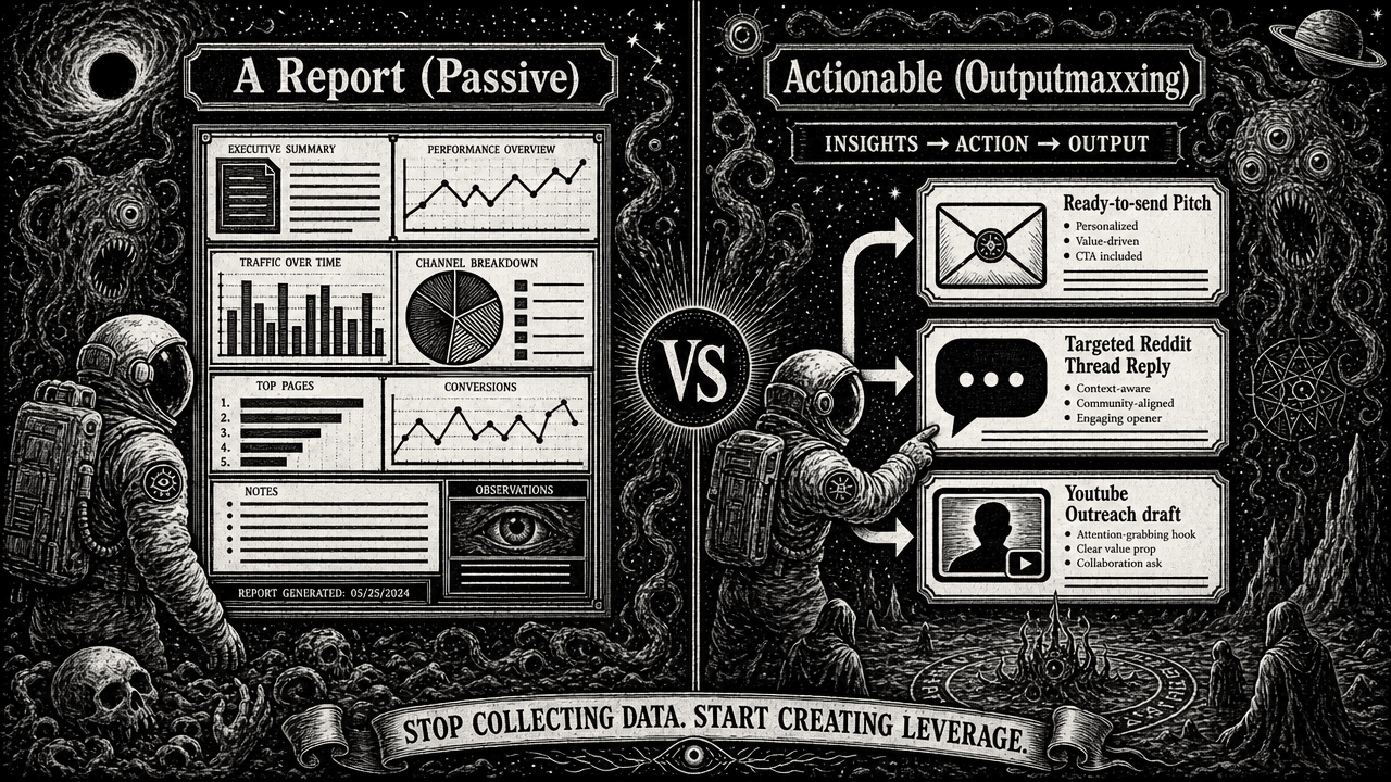 Comparison layout of a passive analytical report vs an interactive output system with active work items