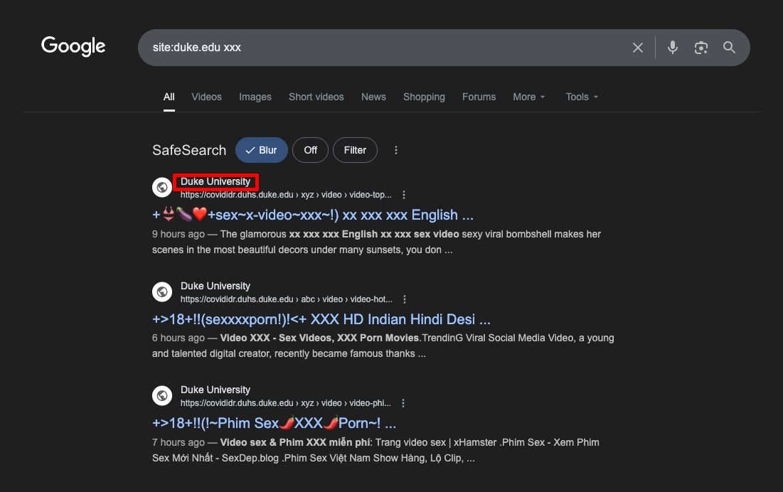 Google search results showing Duke University subdomain ranking for spam keywords with massive traffic numbers