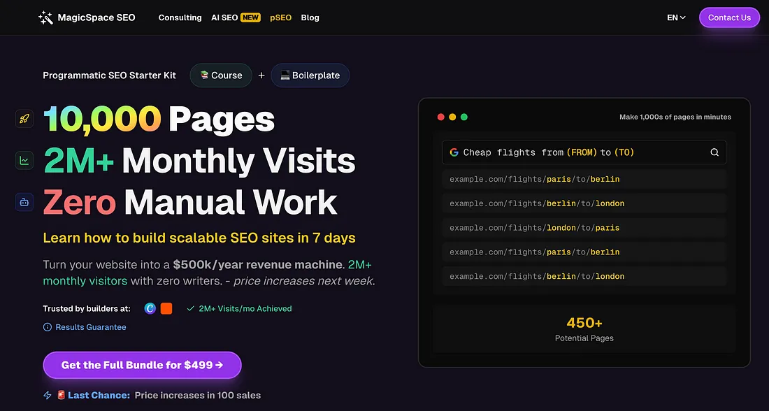 Screenshot of the MagicSpace SEO Programmatic SEO Starter Kit course landing page, highlighting 10,000 pages, 2M+ monthly visits, and zero manual work. Features a code example and a call-to-action to get the full bundle.