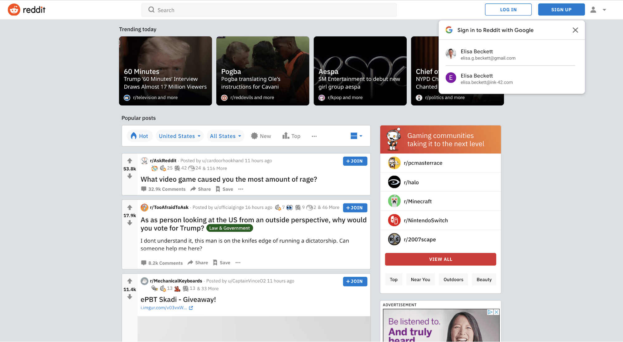 Screenshot of Reddit web page using Google Identity Service One Tap, showing a Google sign-in prompt overlaying the Reddit interface.