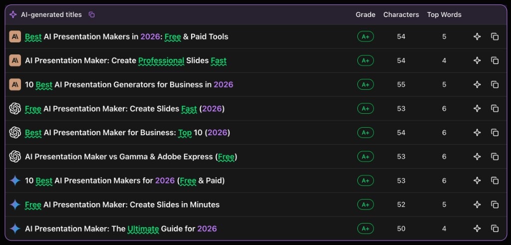 SEO Roast title generator showing AI-generated SEO title options with grades and character counts