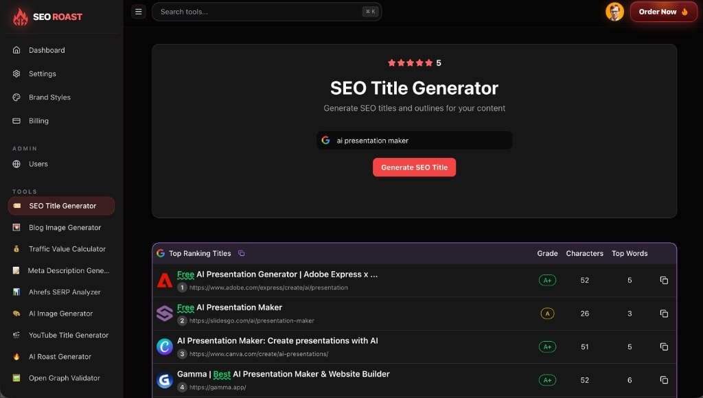 SEO Roast SEO Title Generator interface with a keyword input and top-ranking title analysis