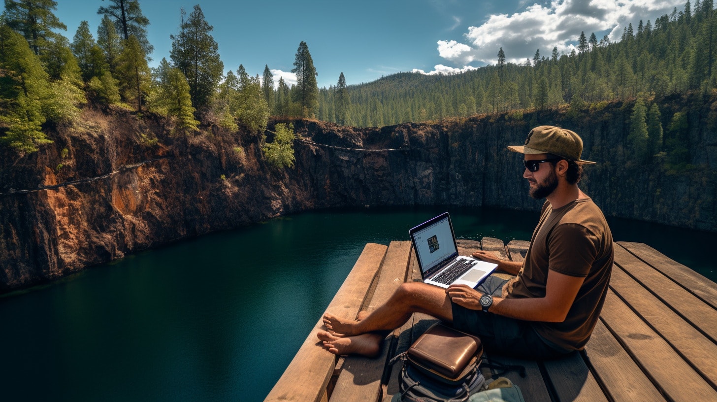 Digital nomad working at a lake