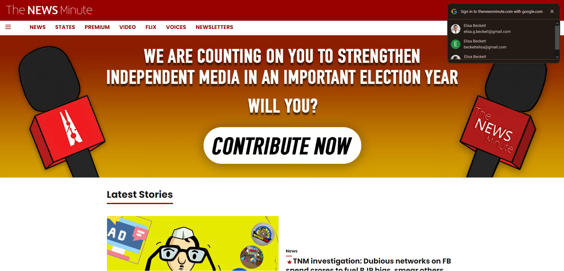 Screenshot of The News Minute web page using Google Identity Service One Tap, showing a Google sign-in prompt overlaying the news interface.
