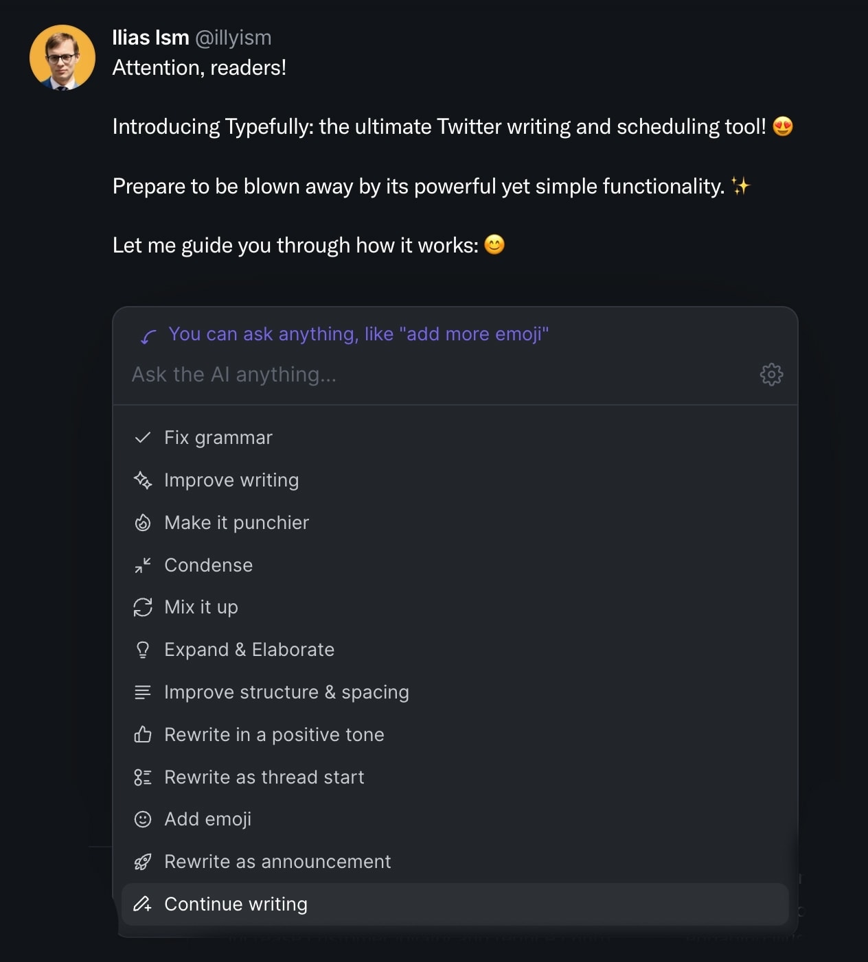 Typefully AI: You can ask anything, like 'Add More Emojis'