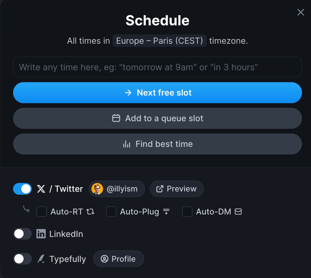 Typefully Schedule: Schedule tweets and threads in advance.