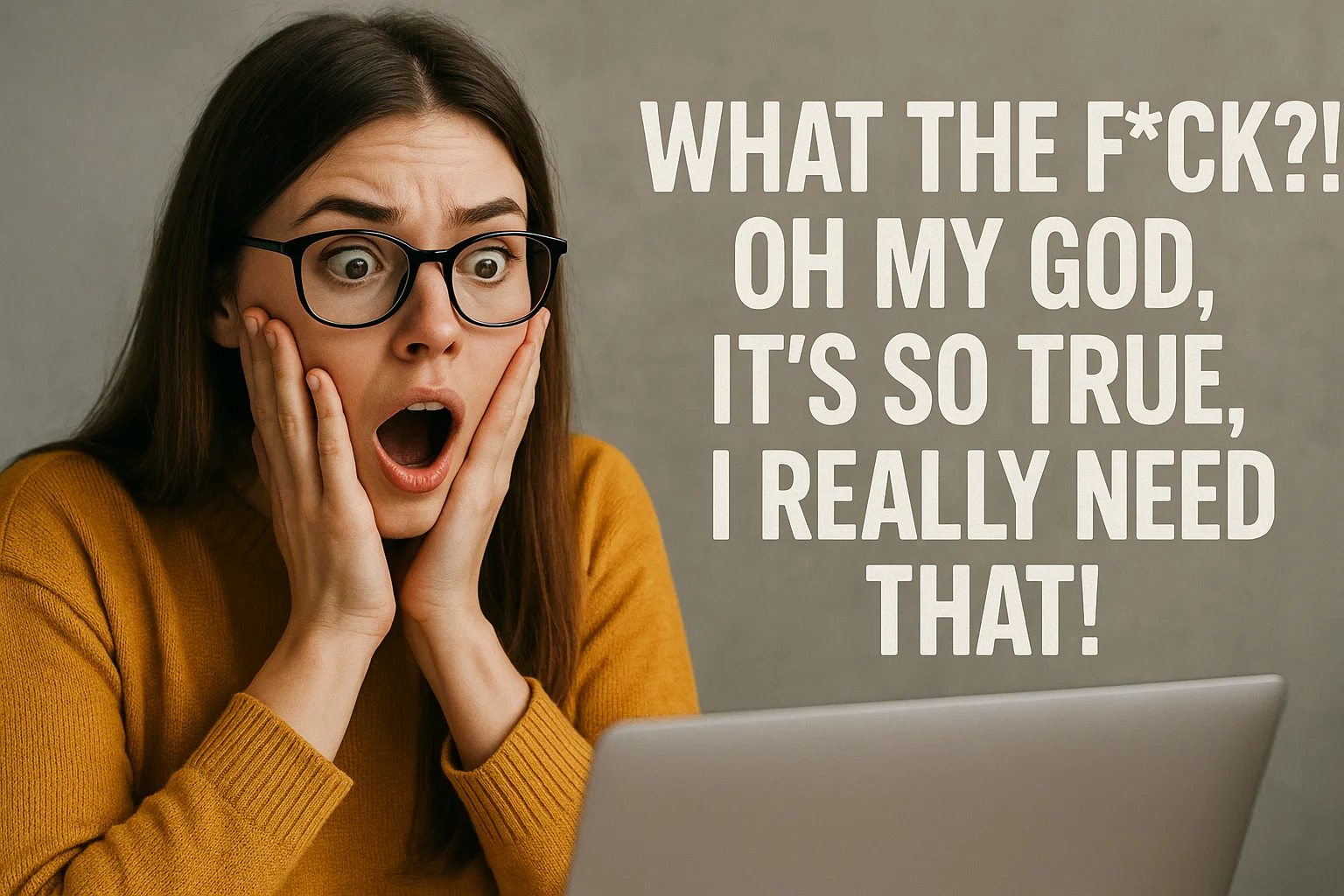 A shocked woman in glasses staring at her laptop, hands on her cheeks, perfectly capturing the visceral "What the f*ck? Oh my god, it’s so true, I really need that!" reaction central to Blitz Marketing.