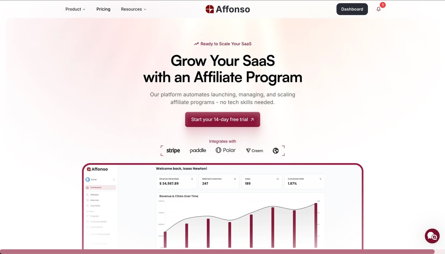 Affonso homepage showing modern SaaS affiliate platform with dashboard preview displaying revenue metrics, KPIs, and analytics graphs Affonso homepage showing modern SaaS affiliate platform with dashboard preview displaying revenue metrics, KPIs, and analytics graphs