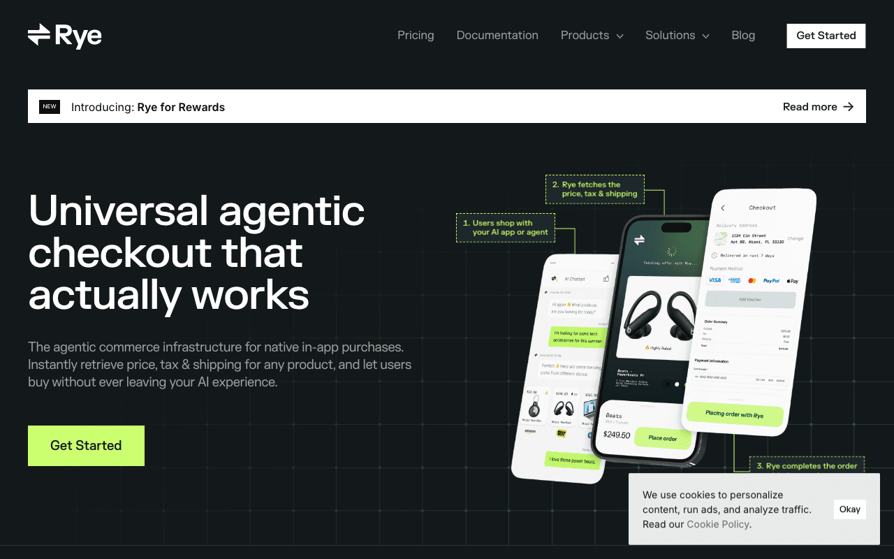 rye.com Rye homepage. Headline: Universal agentic checkout that actually works.