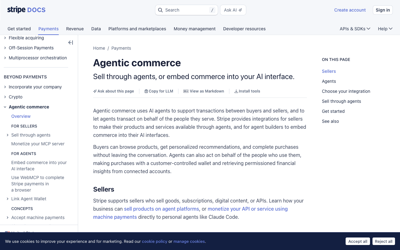 docs.stripe.com/agentic-commerce Stripe docs page for agentic commerce. Subheading: sell through agents, or embed commerce into your AI interface.
