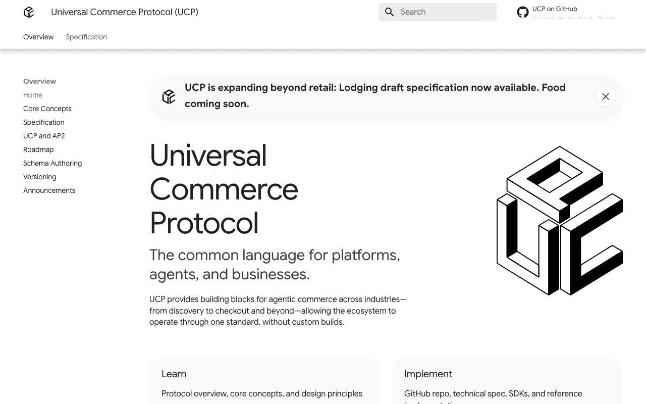 ucp.dev Universal Commerce Protocol docs. Headline: the common language for platforms, agents, and businesses.