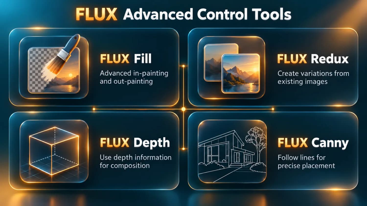 Four advanced control options in FLUX FLUX Advanced Control Tools: FLUX Fill for in-painting, FLUX Redux for variations, FLUX Depth for composition, and FLUX Canny for precise placement.