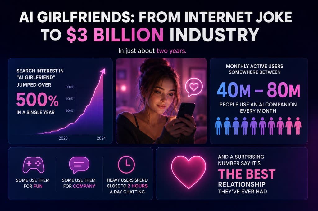 Infographic: AI girlfriends went from internet joke to a $3 billion industry, with search interest up 500%, 40 to 80 million monthly users, and heavy users chatting close to two hours a day Infographic: AI girlfriends went from internet joke to a $3 billion industry, with search interest up 500%, 40 to 80 million monthly users, and heavy users chatting close to two hours a day