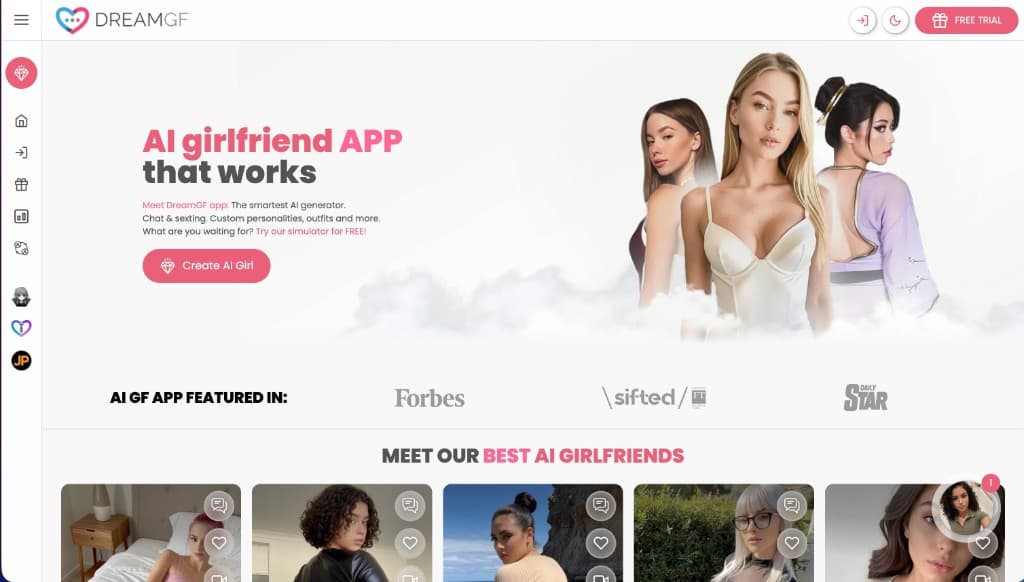 DreamGF homepage showing AI girlfriend app with chat, sexting, and character gallery DreamGF homepage showing AI girlfriend app with chat, sexting, and character gallery