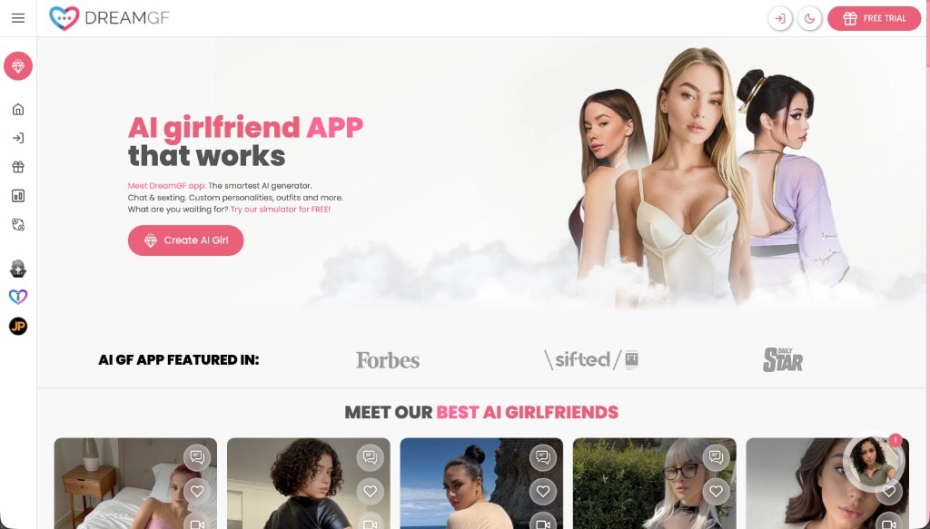 DreamGF homepage showing the AI girlfriend app with custom personalities, chat, and sexting features DreamGF homepage showing the AI girlfriend app with custom personalities, chat, and sexting features