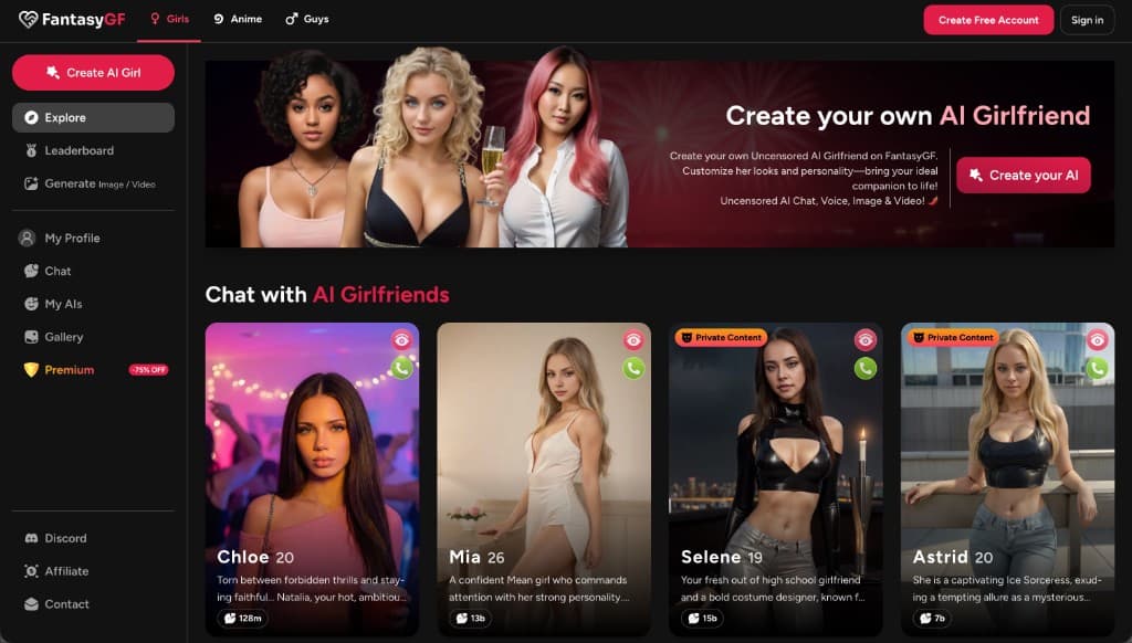 FantasyGF interface showing AI girlfriend characters with chat, voice, image, and video options FantasyGF interface showing AI girlfriend characters with chat, voice, image, and video options