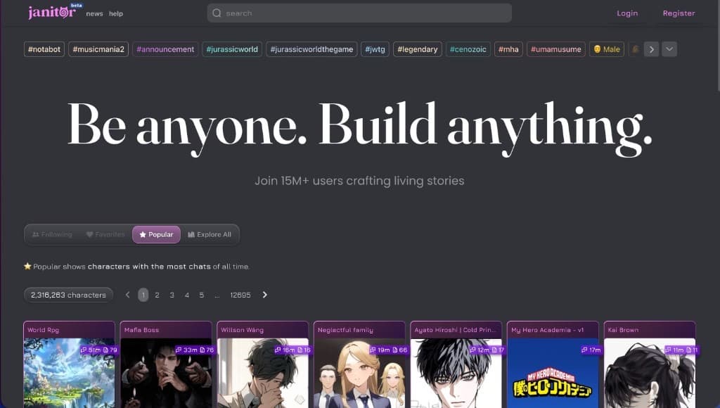 Janitor AI homepage showing popular character browse with 2M+ characters and tag filters Janitor AI homepage showing popular character browse with 2M+ characters and tag filters
