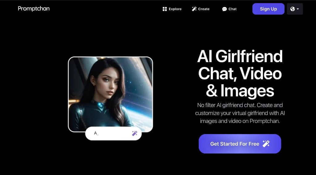 Promptchan homepage with AI girlfriend chat, video, and image tools and a Get Started For Free button Promptchan homepage with AI girlfriend chat, video, and image tools and a Get Started For Free button