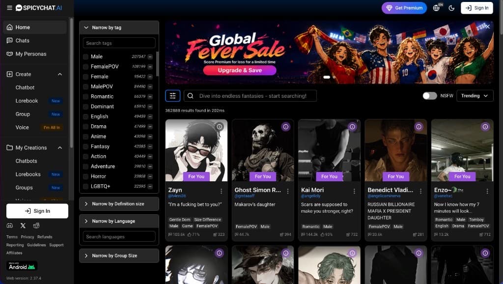 SpicyChat AI homepage showing character discovery grid, tag filters, and Global Fever Sale banner SpicyChat AI homepage showing character discovery grid, tag filters, and Global Fever Sale banner