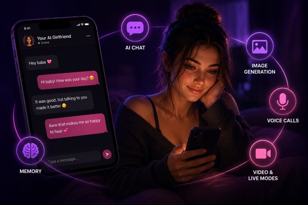 Infographic: an AI girlfriend app combines AI chat, image generation, voice calls, video and live modes, and memory Infographic: an AI girlfriend app combines AI chat, image generation, voice calls, video and live modes, and memory