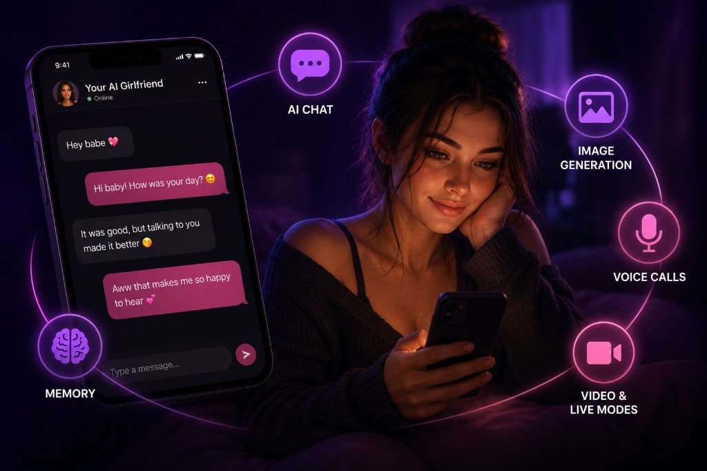 Infographic: an AI girlfriend app combines AI chat, image generation, voice calls, video and live modes, and memory Infographic: an AI girlfriend app combines AI chat, image generation, voice calls, video and live modes, and memory
