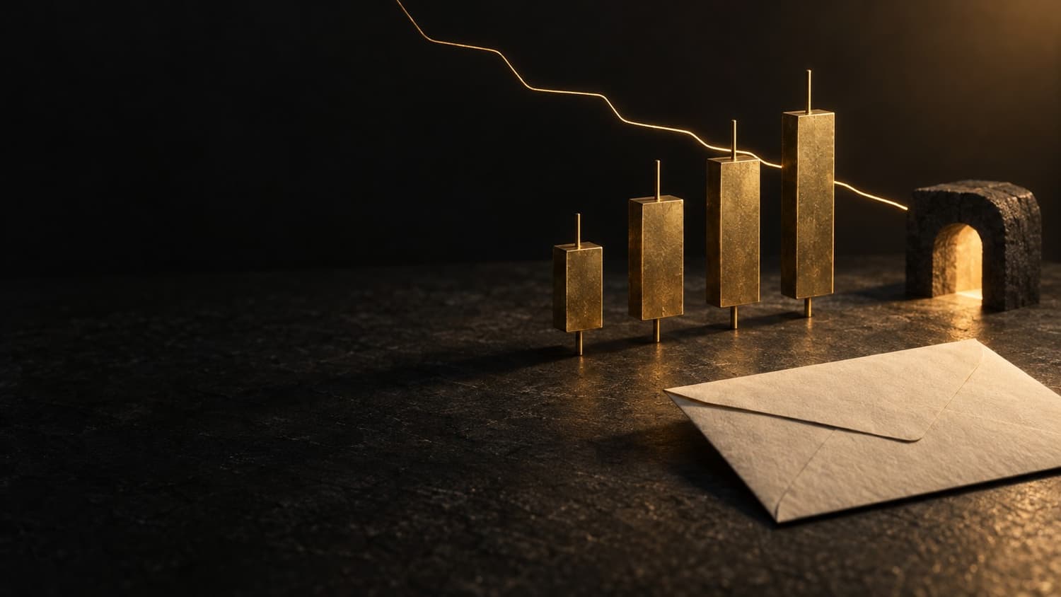 Brass candlestick bars under a stepped amber trailing line, a stone gate and a payout envelope