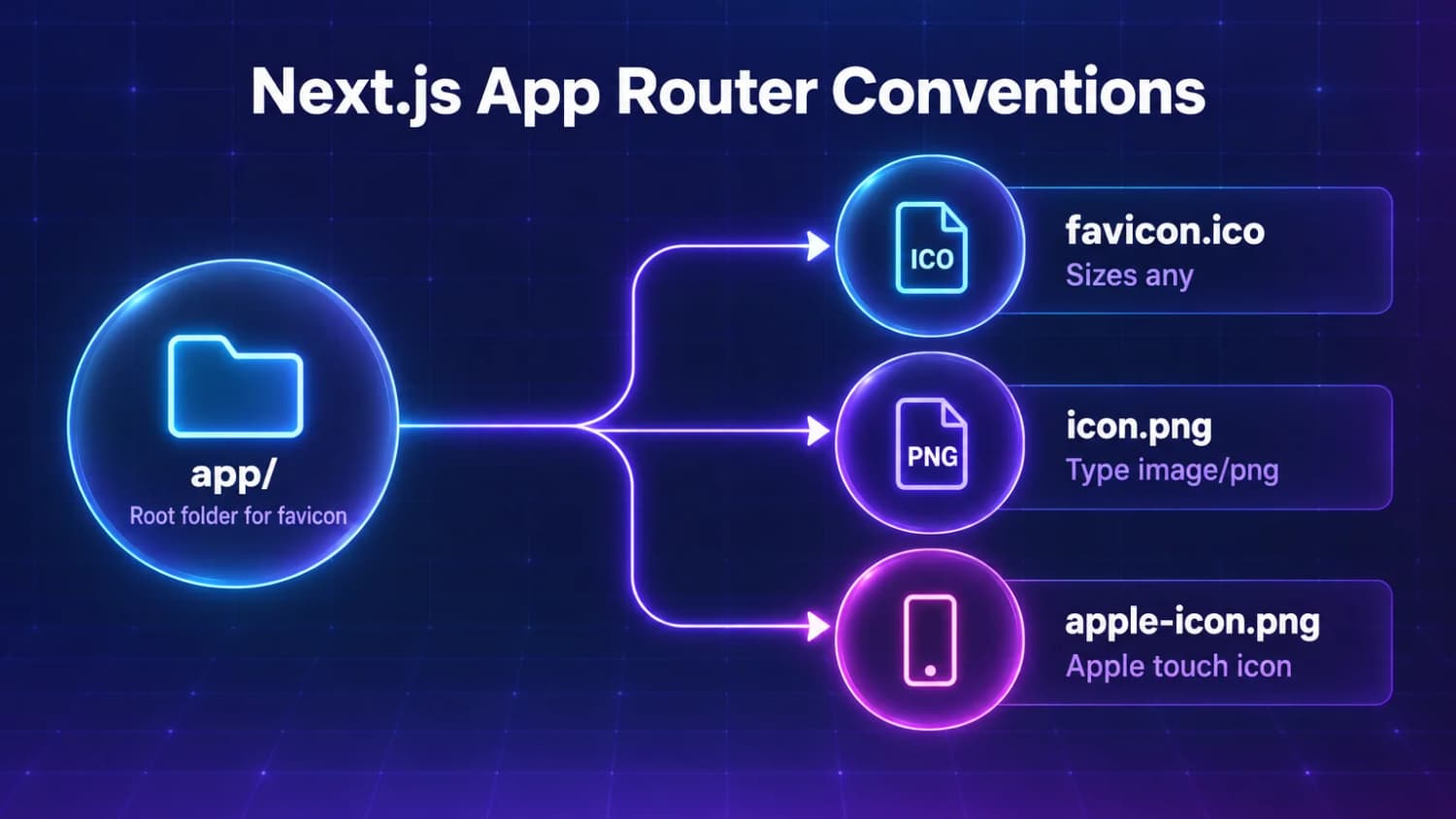 Which file in app/ becomes which tag Next.js App Router Conventions: app root folder mapping favicon.ico to sizes any, icon.png to type image/png, and apple-icon.png to apple touch icon.