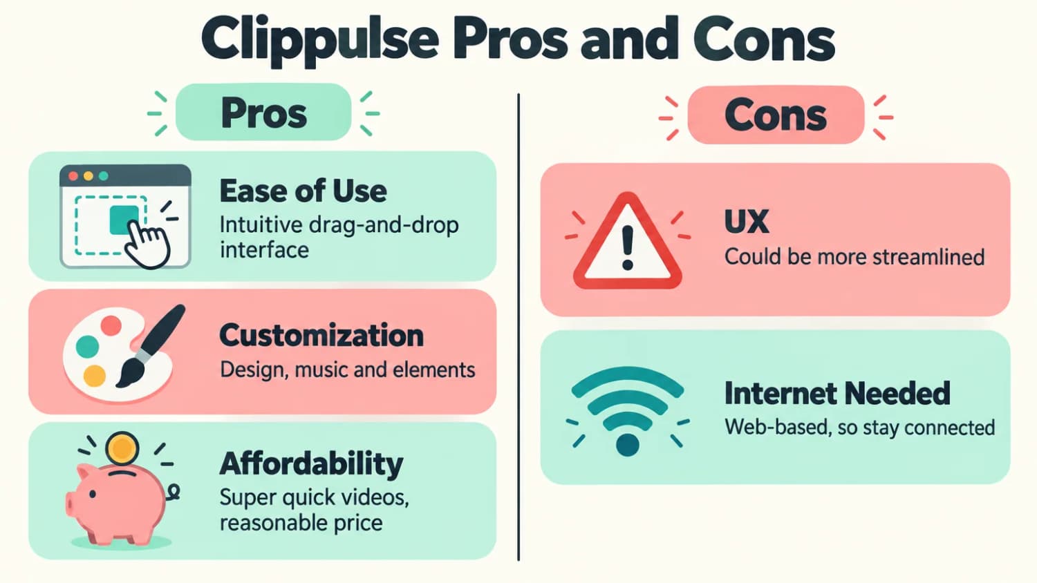 Three strengths and two honest drawbacks Clippulse Pros and Cons: easy, customizable and affordable, but the user experience could be more streamlined and it needs a stable internet connection