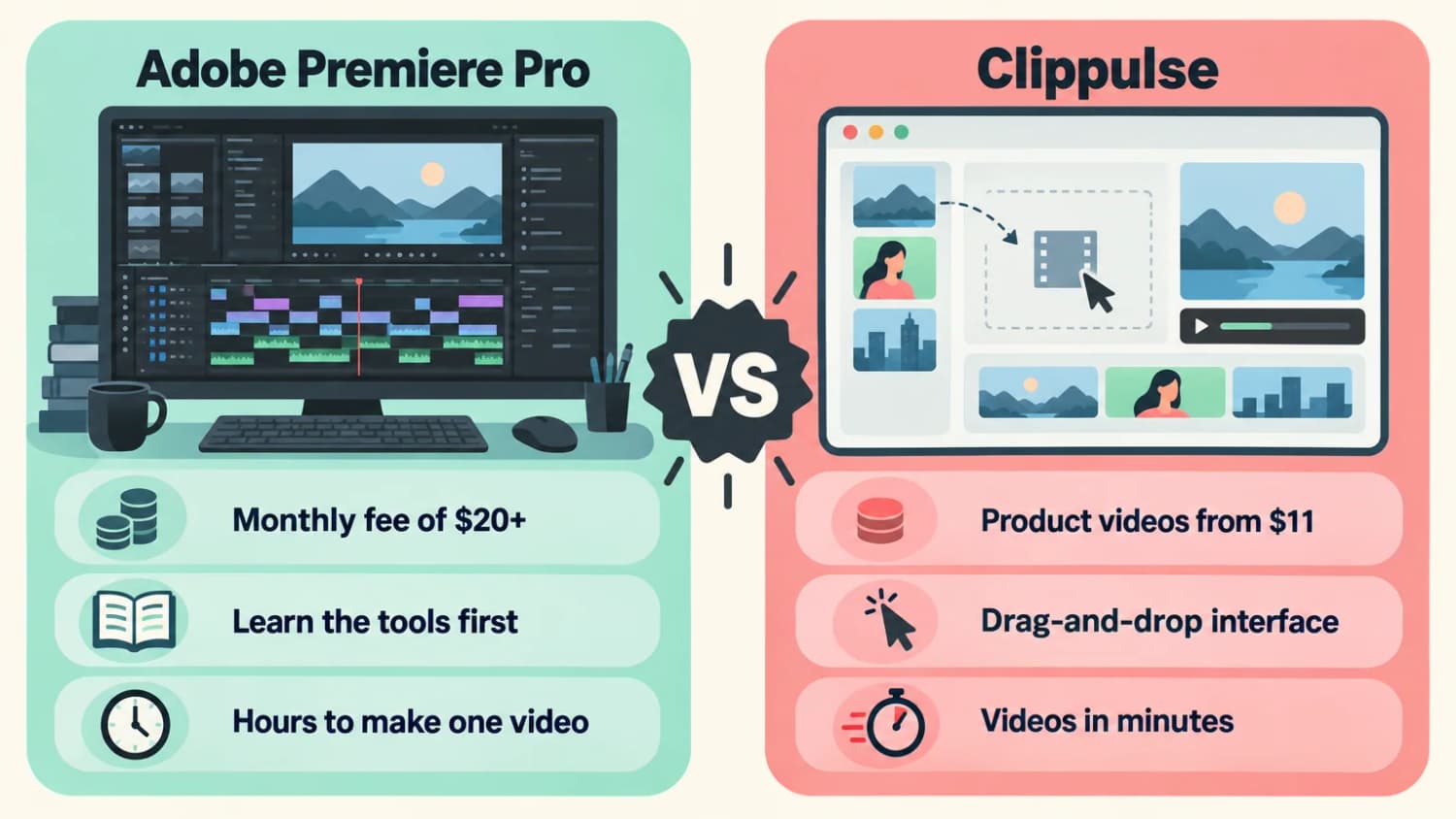 What the price gap buys you in time Premiere Pro vs Clippulse: Adobe costs $20+ a month plus a learning curve and hours per video, while Clippulse starts at $11 and takes minutes