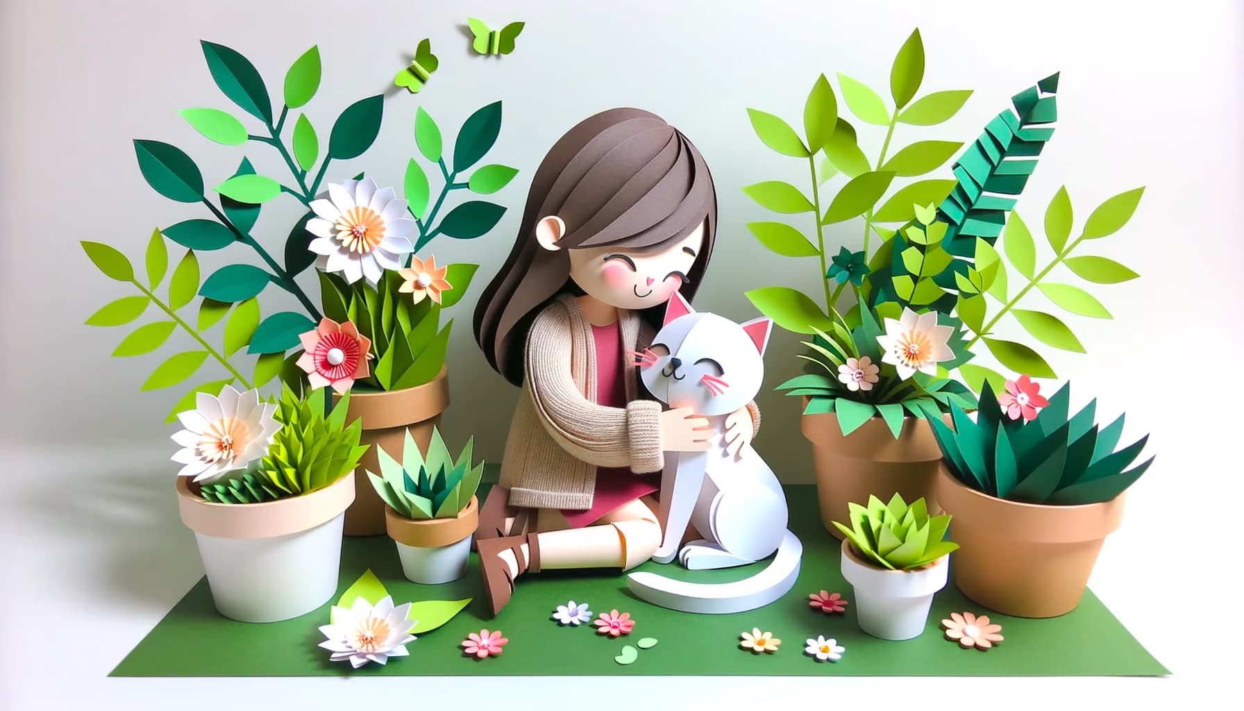 Dall E 3 - A paper craft art depicting a girl giving her cat a gentle hug. Both sit amidst potted plants, with the cat purring contentedly while the girl smiles. The scene is adorned with handcrafted paper flowers and leaves.