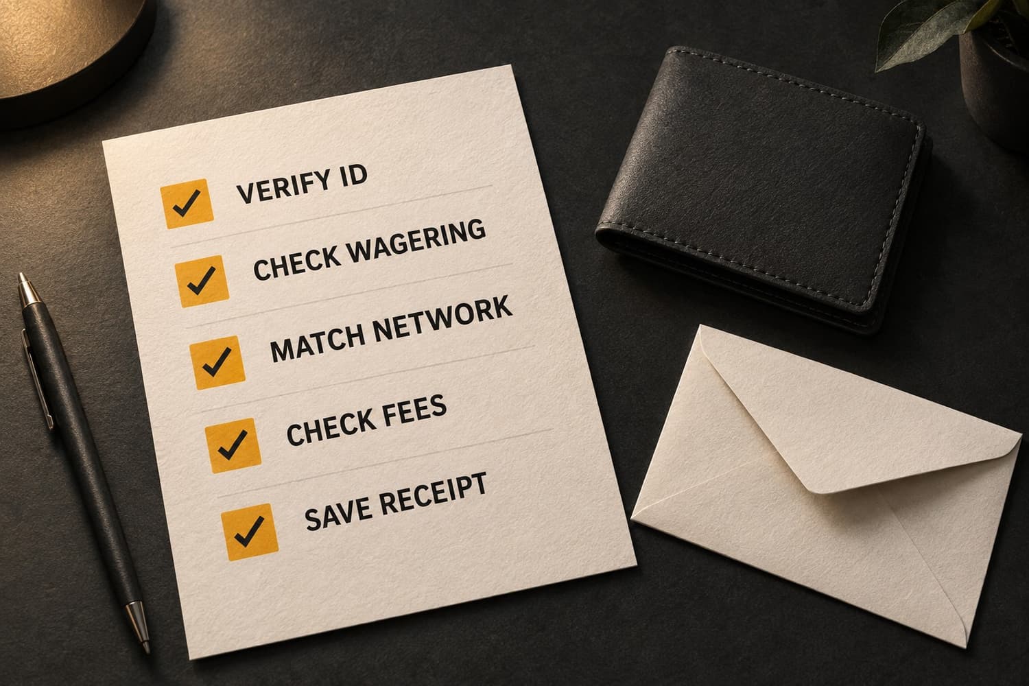 Verify ID, check wagering, match network, check fees and save receipt Verify ID, check wagering, match network, check fees and save receipt